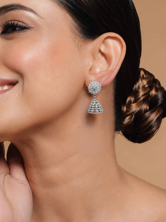 Silver Plated American Diamond Floral Jhumka Earrings for Women