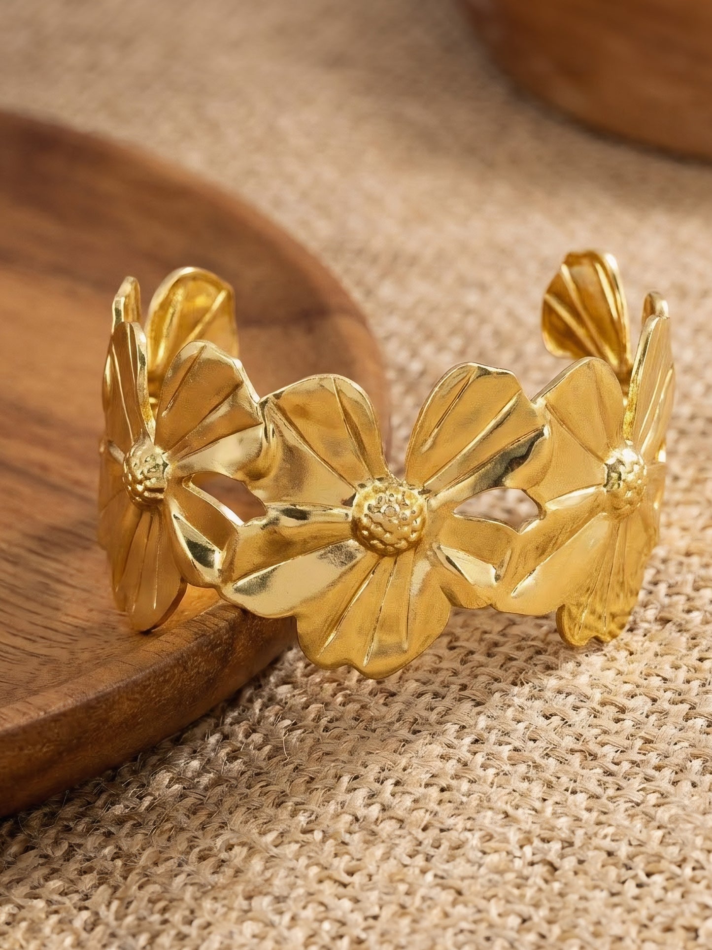 Gold Plated Floral Adjustable Cuff Bracelet for Women