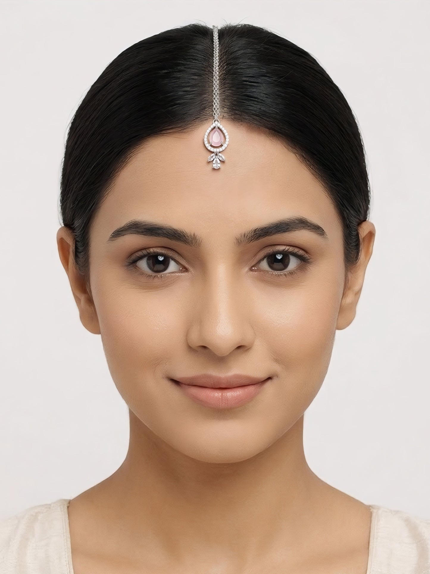 Silver Plated Pink AD Maang Tikka for Women