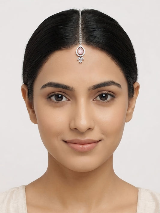 Silver Plated Pink AD Maang Tikka for Women