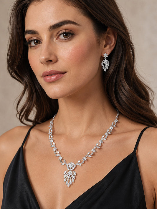Silver Plated AD Floral Jewellery Set for Women