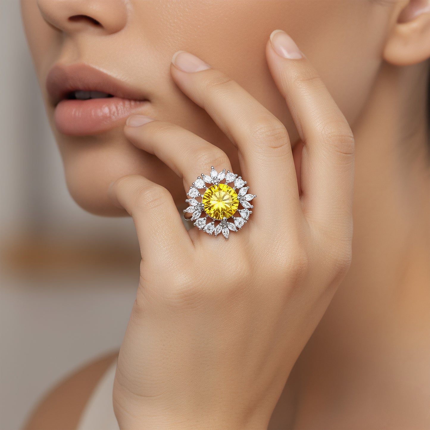 Silver Plated Yellow AD Finger Ring for Women