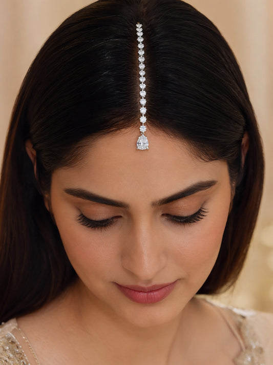 Silver Plated AD Teardrop Maang Tikka for Women