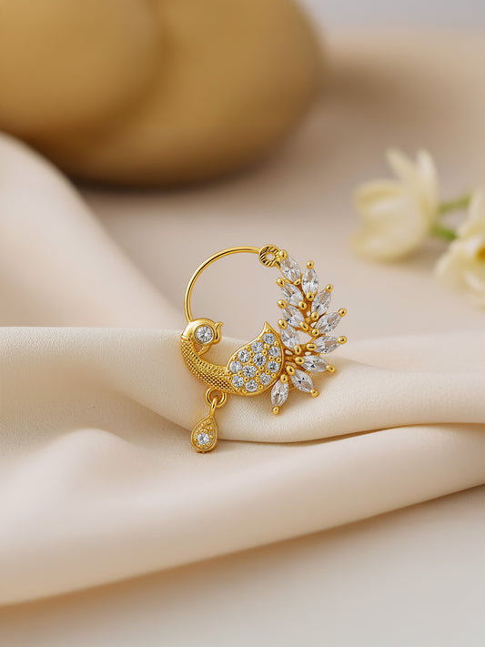 Gold Plated White AD Floral Nose Ring for Women
