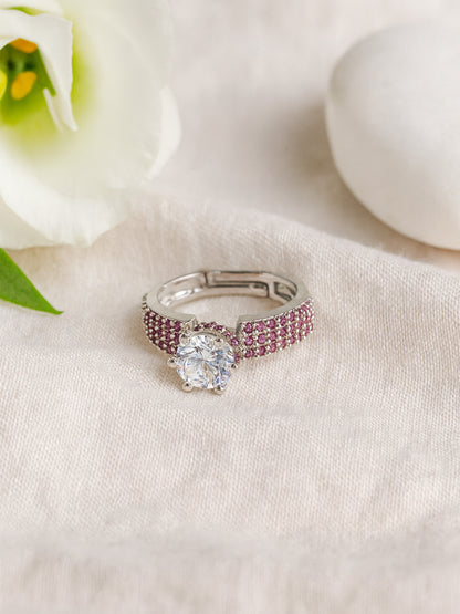 Silver Plated Ruby AD Adjustable Finger Ring for Women