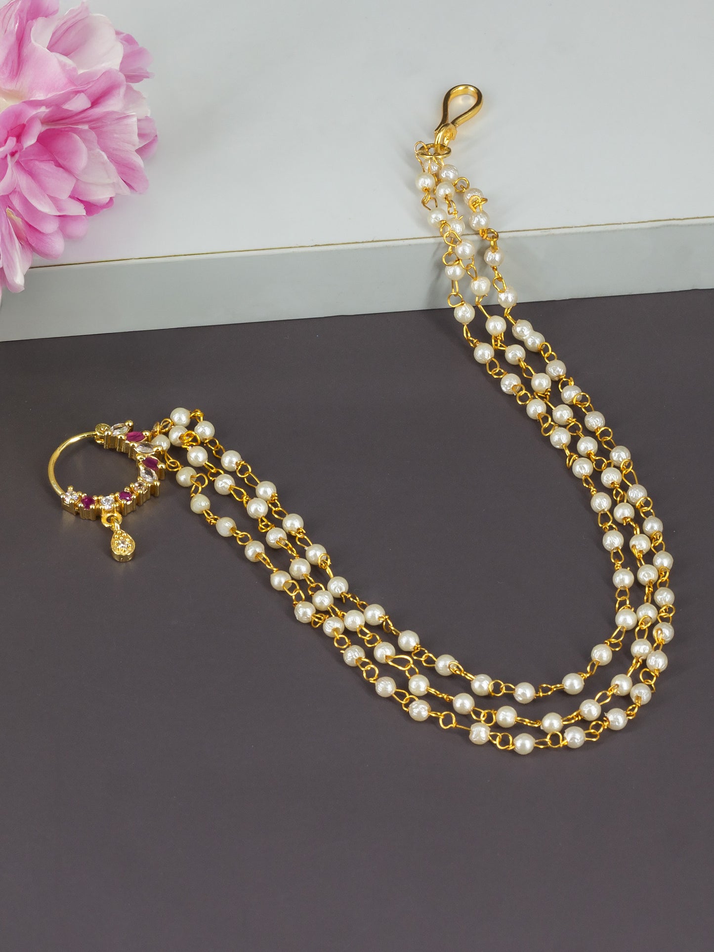 Gold Plated Red AD Nose Ring with 3 line Pearl Chain