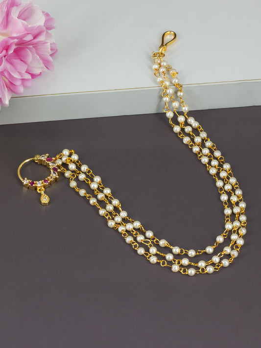Gold Plated Red AD Nose Ring with 3 line Pearl Chain