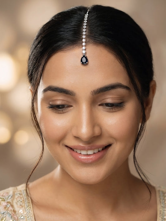 Silver Plated Black AD Teardrop Maang Tikka for Women