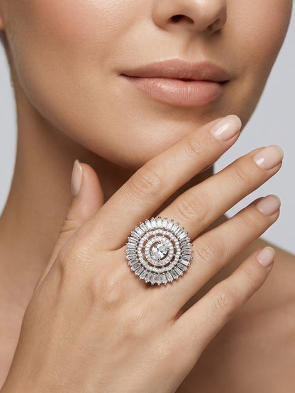 Silver Plated AD Round Adjustable Finger Ring for Women