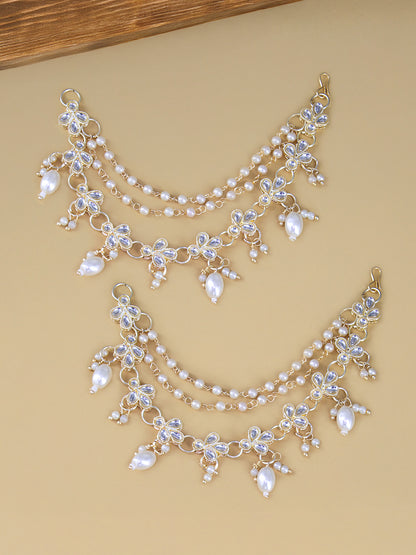 Gold-plated 3-Layered Floral Kundan-Studded & Faux-Pearl Drop Ear Chain