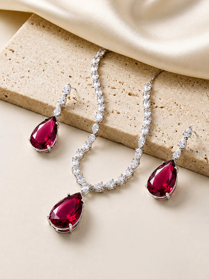 Silver Plated Red Teardrop AD Jewellery Set for Women