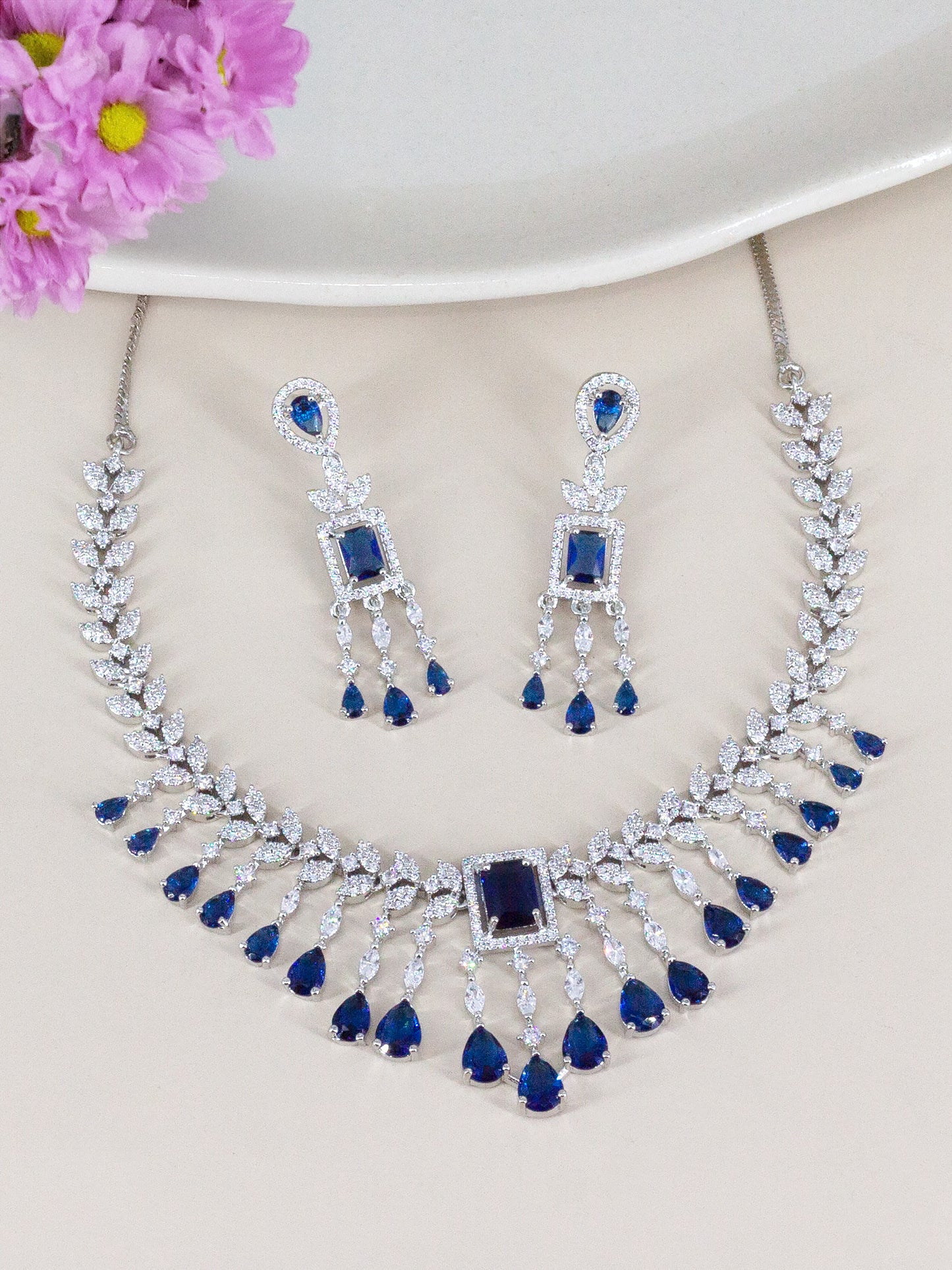 Silver Plated Blue AD Studded Jewellery Set