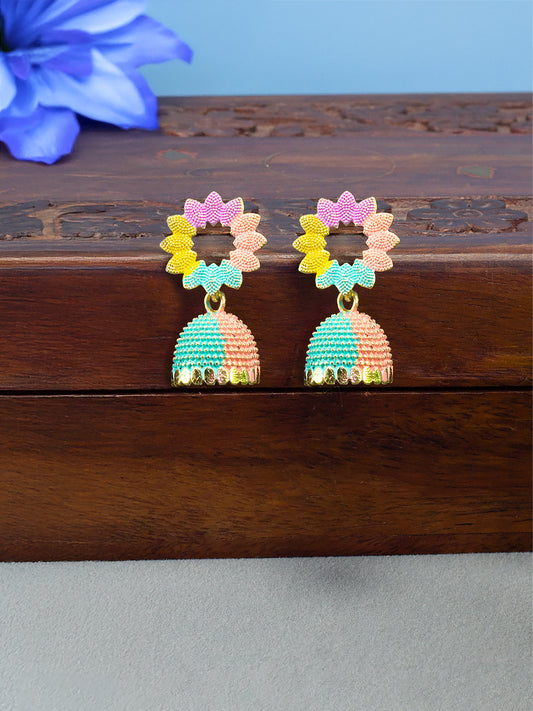 Gold-Plated Floral Multi Color Jhumki Earrings