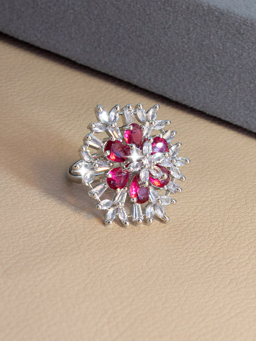 Silver-Plated AD Statement Floral Designer Adjustable Finger Ring