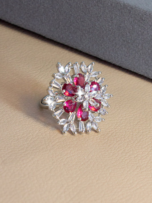 Silver-Plated AD Statement Floral Designer Adjustable Finger Ring