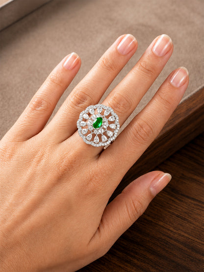 Rhodium Plated Green AD Finger Ring for Women