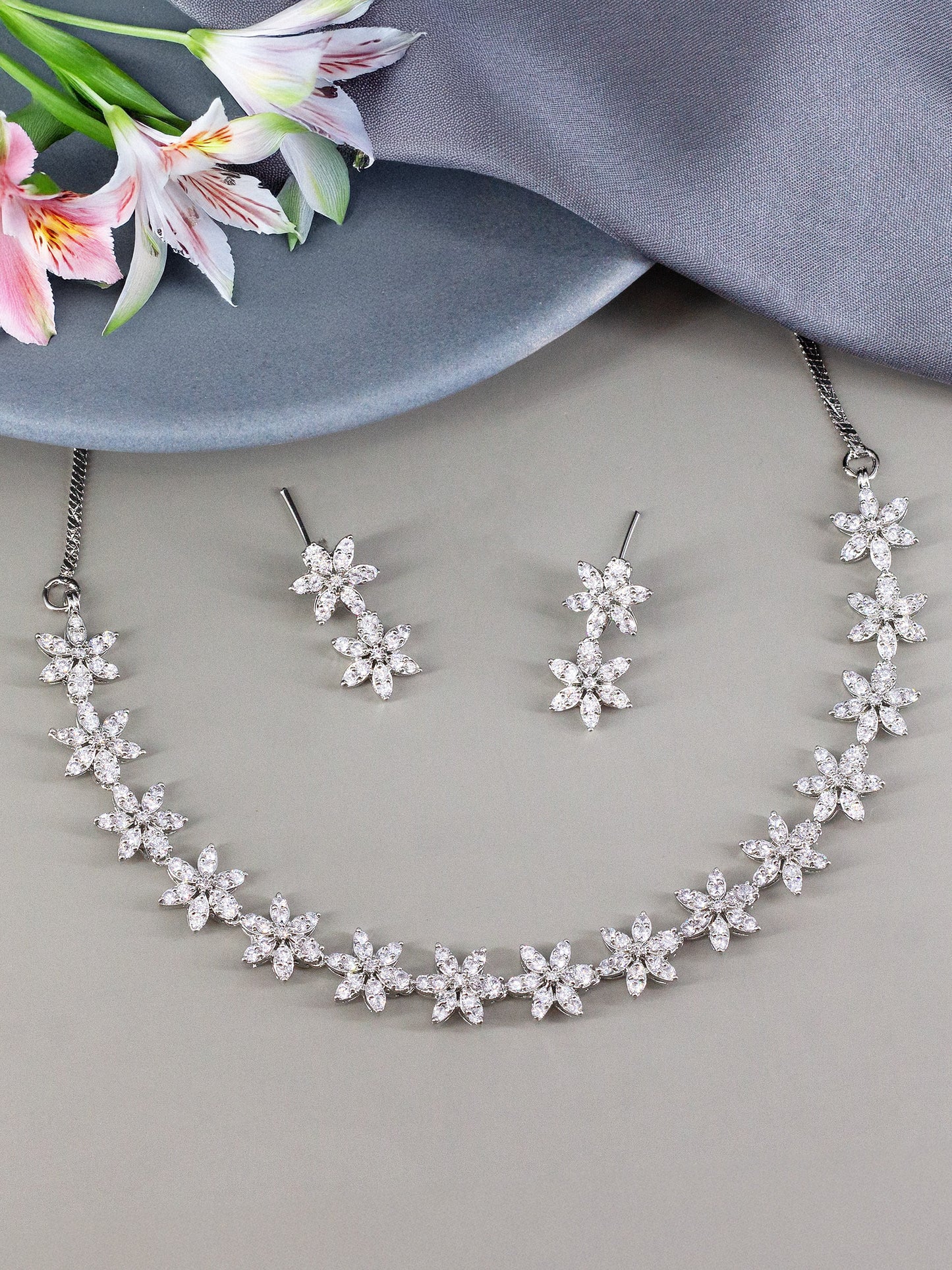 Silver Plated American Diamond Floral Jewellery Set for Women