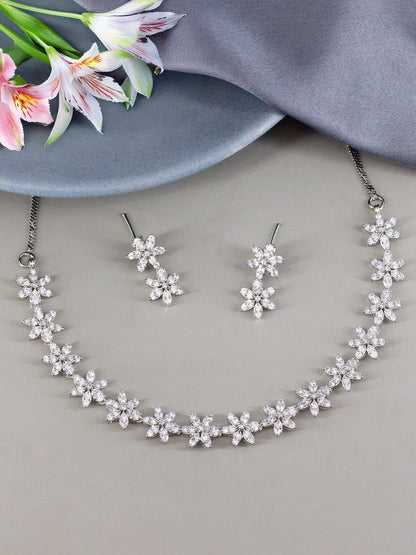Silver Plated American Diamond Floral Jewellery Set for Women