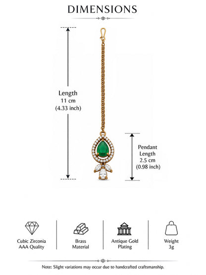 Antique Gold Plated Green AD Maang Tikka for Women