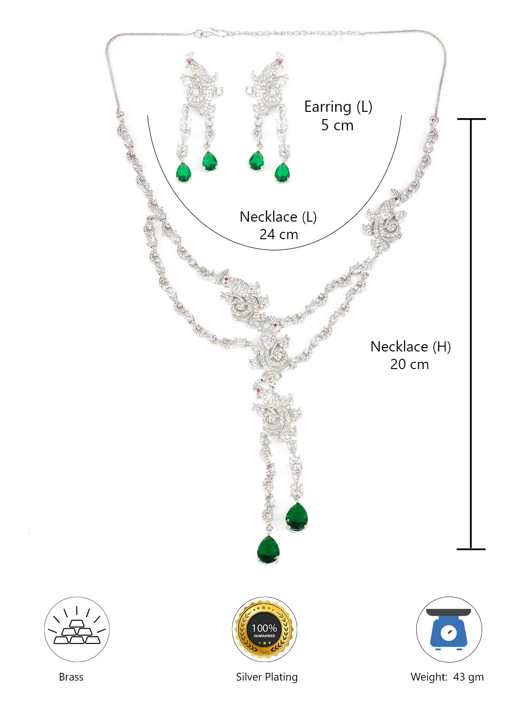 Silver Plated Green AD Peacock Statement Jewellery Set