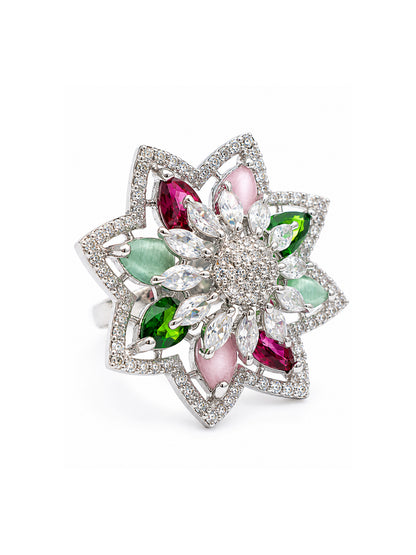 Silver Plated Multi AD Floral Finger Ring for Women