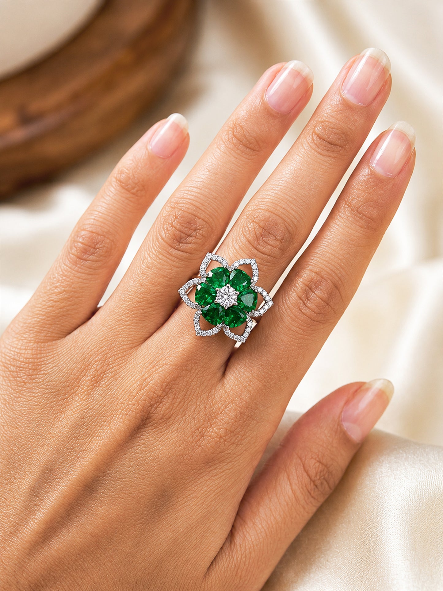 Rhodium Plated Green AD Floral Finger Ring for Women