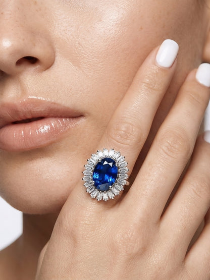 Rhodium Plated Blue AD Finger Ring for Women