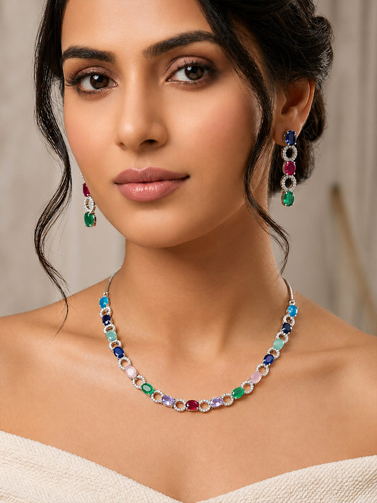 Silver Plated Multi Colour AD Choker Set for Women