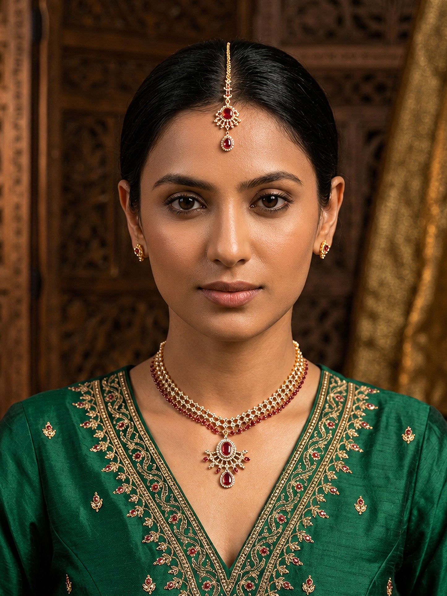 Gold Plated Red AD Maang Tikka for Women