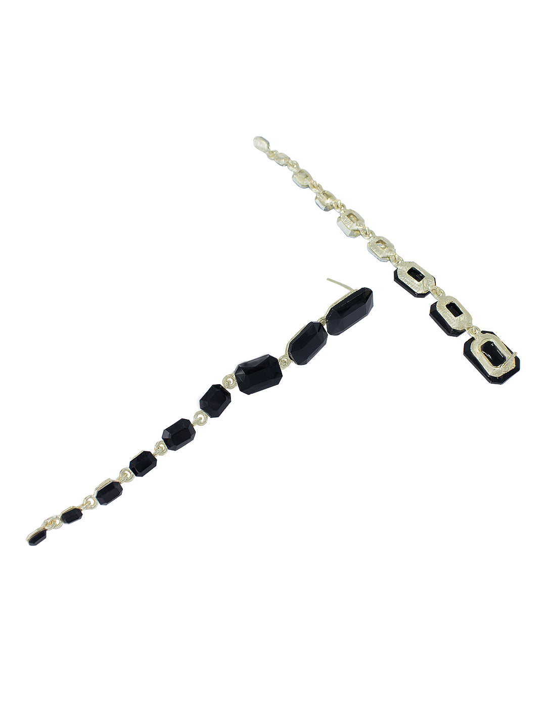Gold Plated Black Crystal Stones Studded Long Drop Earrings