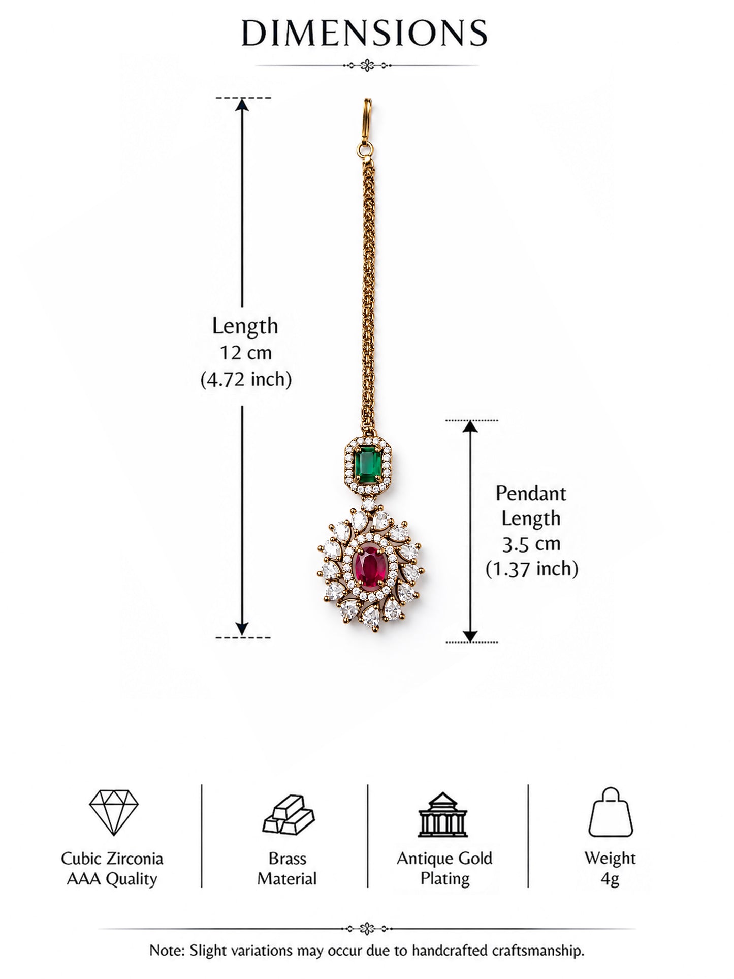 Antique Gold Plated Red AD Maang Tikka for Women