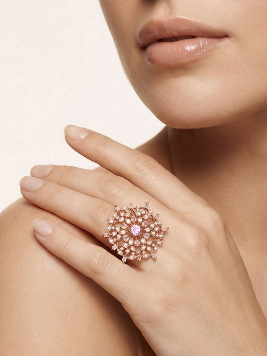 Rose Gold Plated Pink AD Ring for Women
