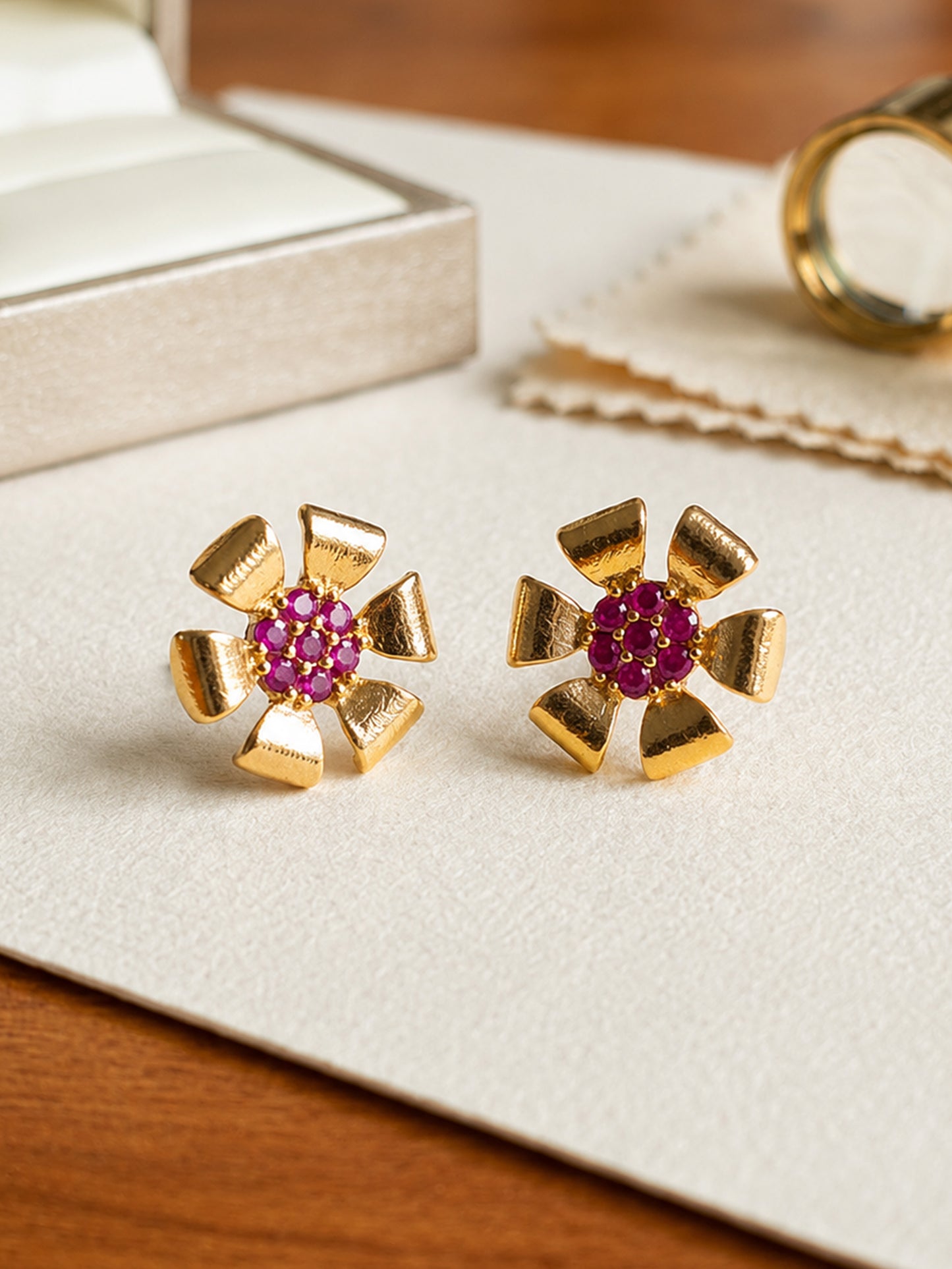 Gold Plated Pink AD Floral Stud Earrings for Women