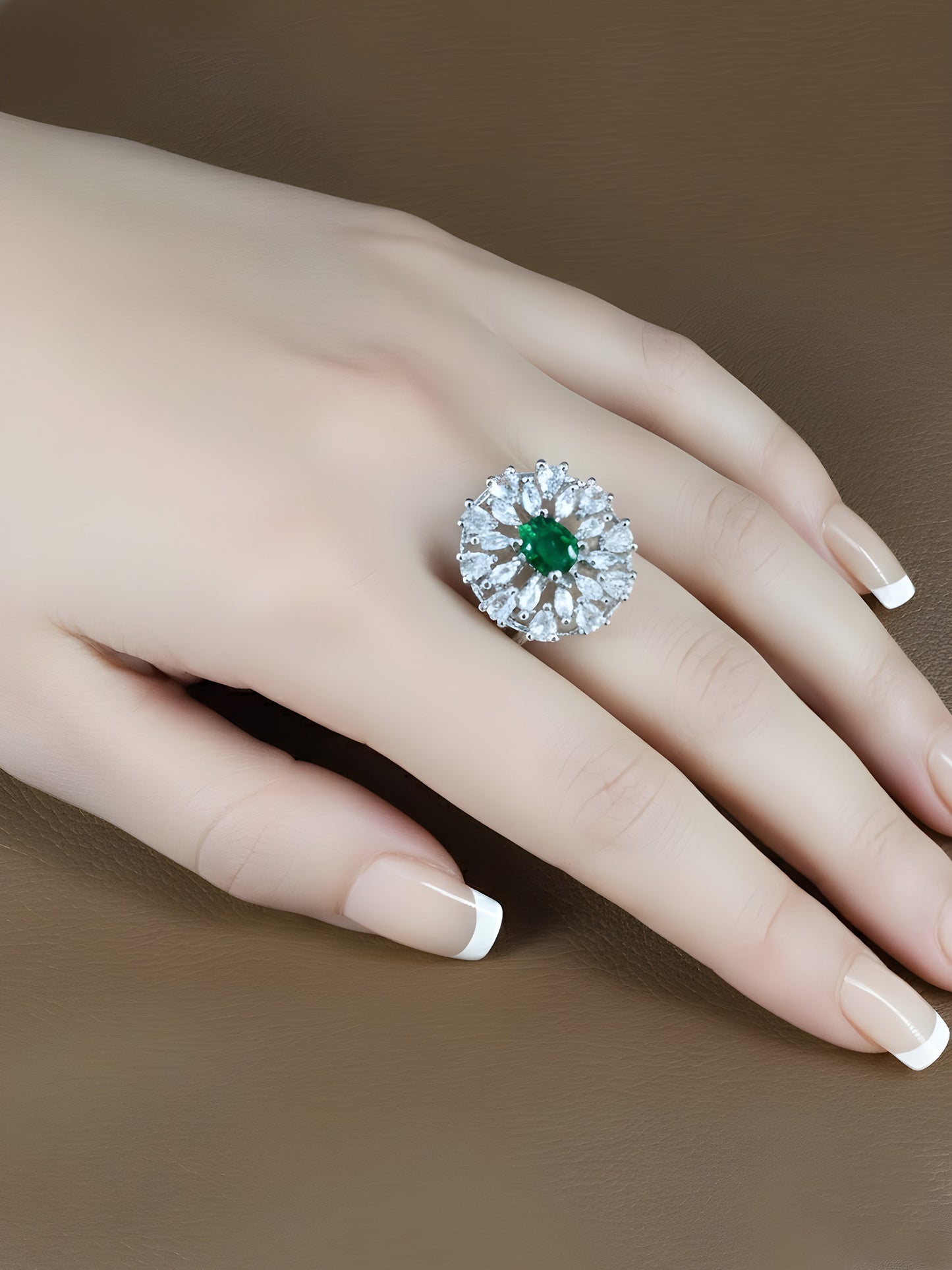 Silver Plated Green AD Floral Adjustable Ring for Women