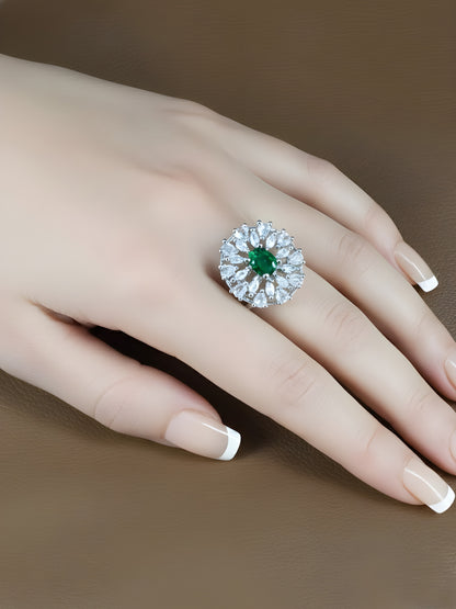 Silver Plated Green AD Floral Adjustable Ring for Women