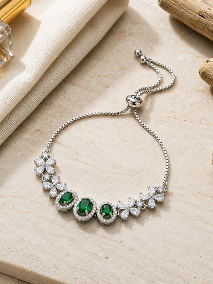 Silver Plated Green AD Adjustable Bracelet for Women