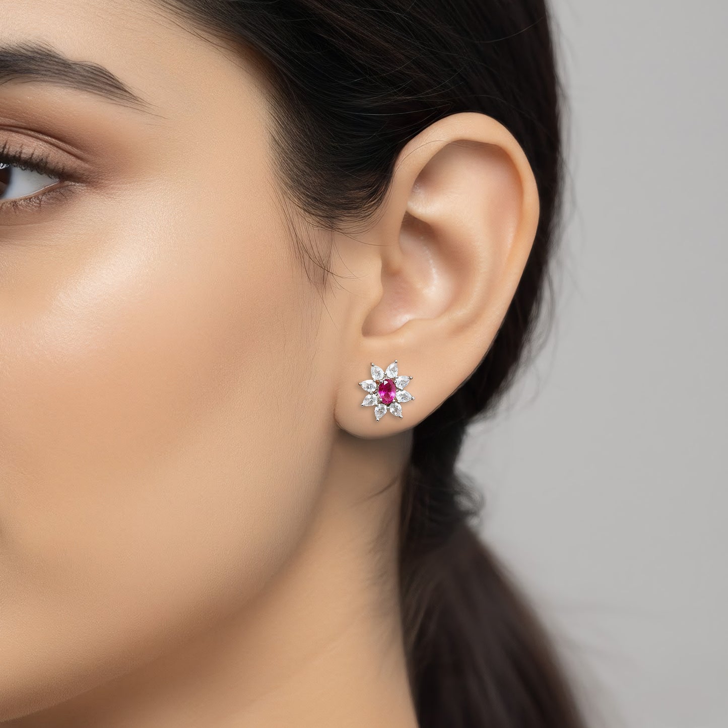 Rhodium Plated Red AD Floral Studs for Women