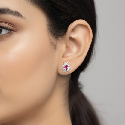 Rhodium Plated Red AD Floral Studs for Women