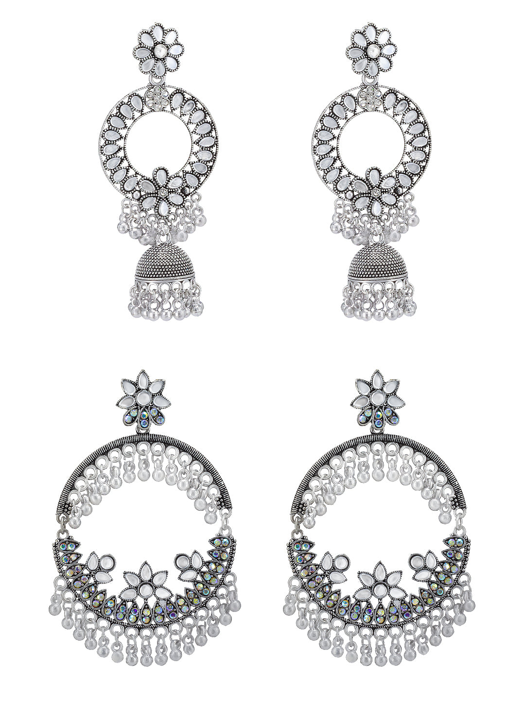 Pack of 2 Silver Oxidised Chandbali Jhumka Earrings