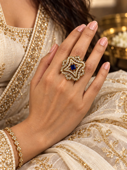 Antique Gold Plated Blue AD Finger Ring for Women