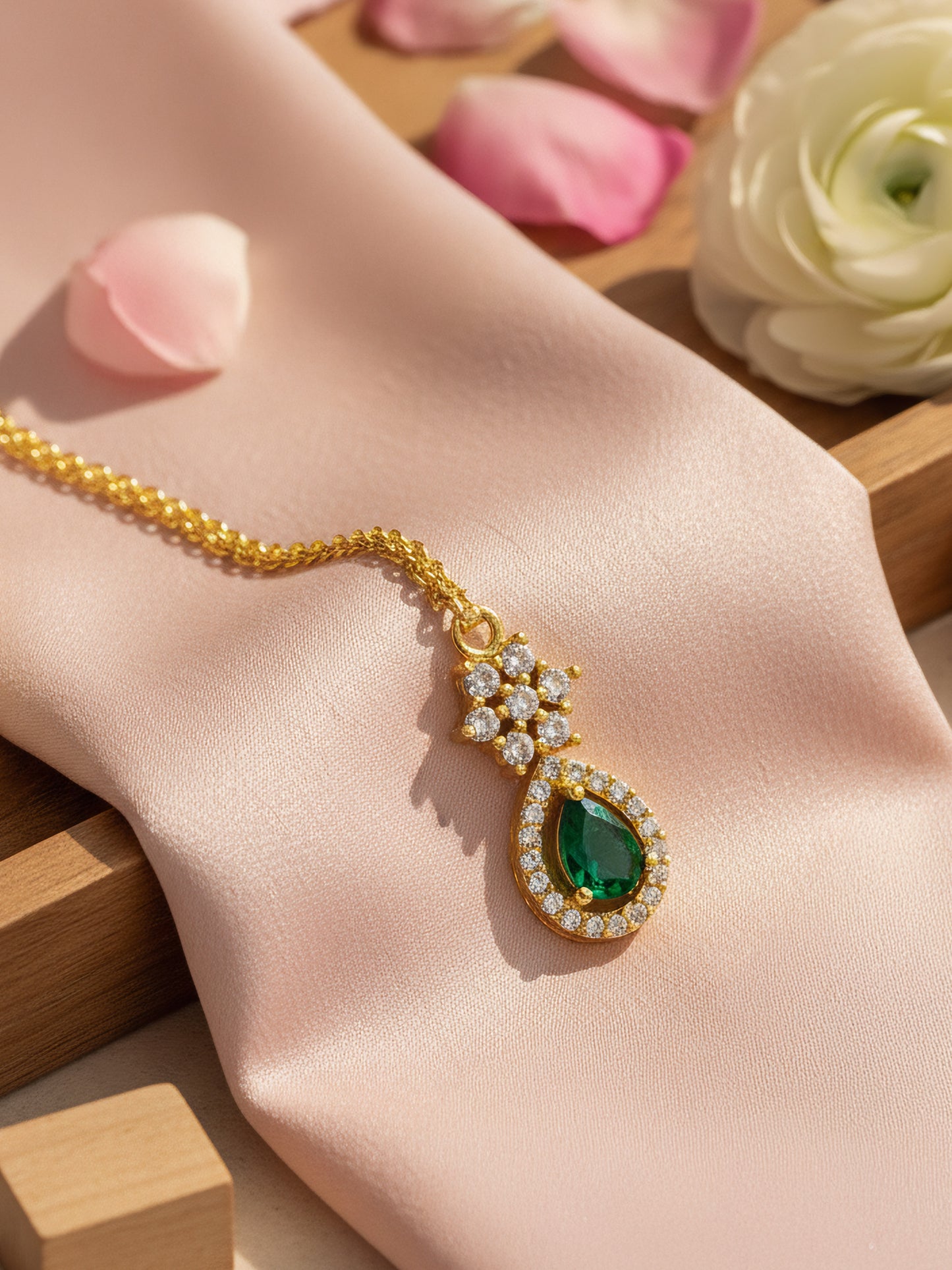 Gold Plated Green AD Teardrop Maang Tikka for Women