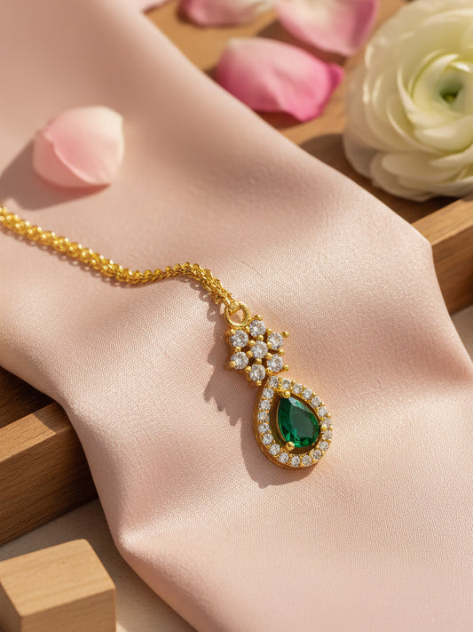 Gold Plated Green AD Teardrop Maang Tikka for Women
