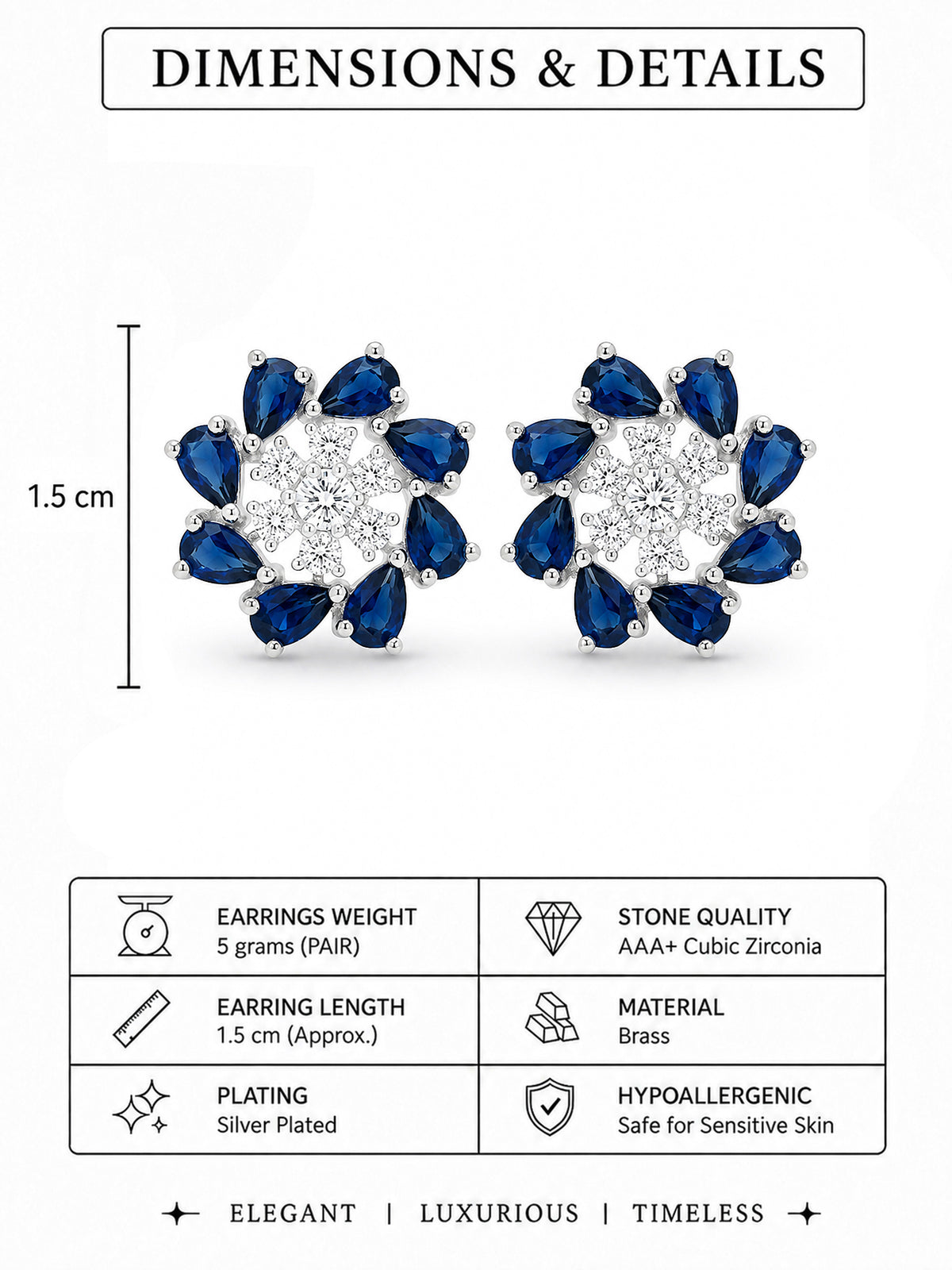 Silver Plated Blue Floral Stud Earrings for Women