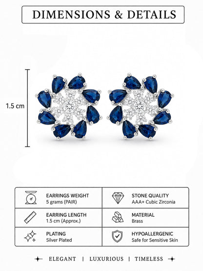 Silver Plated Blue Floral Stud Earrings for Women