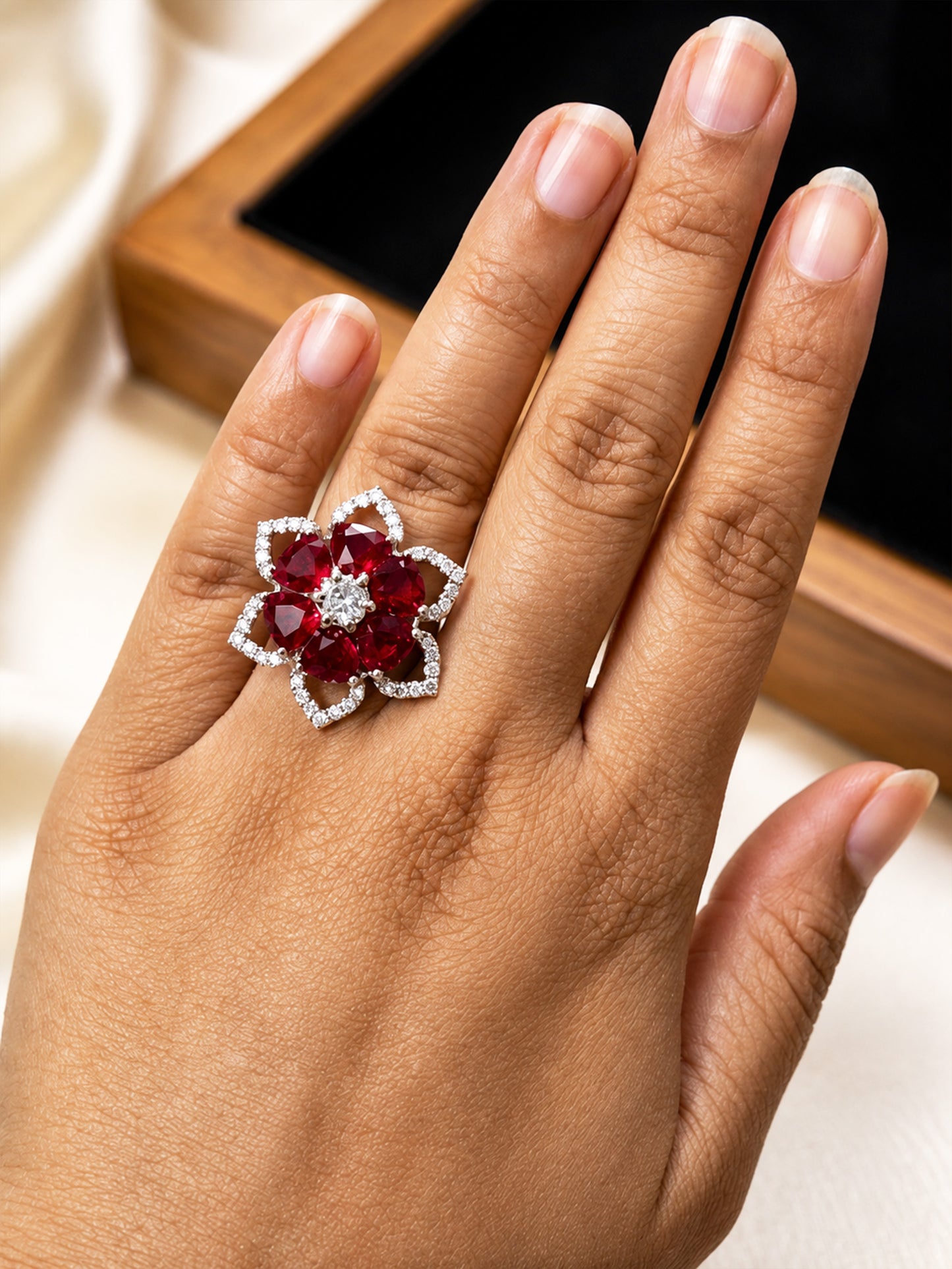 Rhodium Plated Red AD Floral Finger Ring for Women