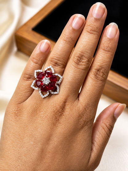 Rhodium Plated Red AD Floral Finger Ring for Women