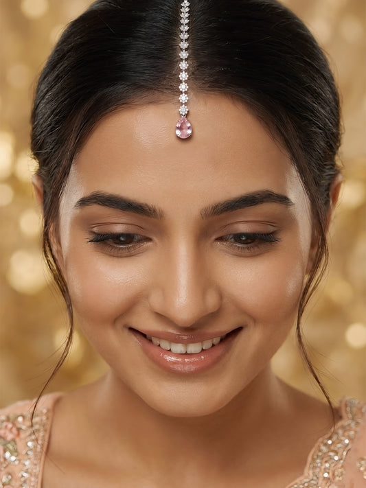 Silver Plated Pink AD Teardrop Maang Tikka for Women
