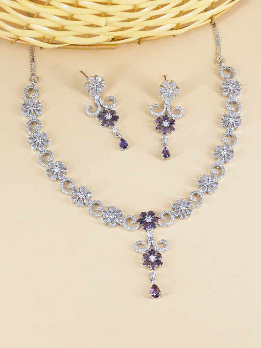 Silver Plated White & Purple AD Studded Jewellery Set for Women