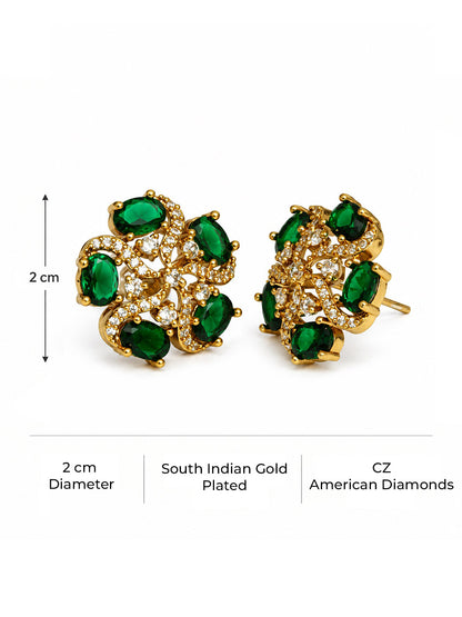 South Indian Gold Plated Green AD Floral Stud Earrings for Women