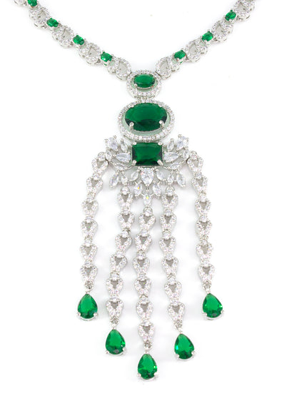 Silver Plated Green AD Designer Jewellery Set